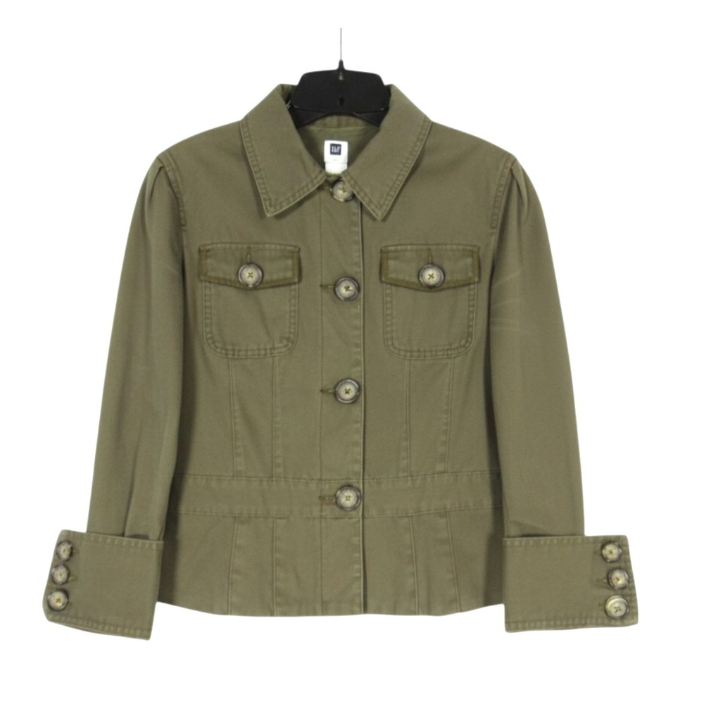 GAP Army Green DENIM Button-Up/Pockets CUFF SLEEVES Crop UTILITY JACKET Sz S